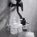 Panier de douche suspendu en aluminium argent avec flacons de shampoing et gel douche