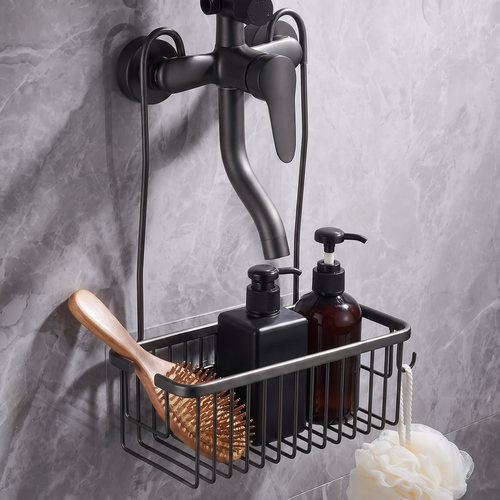 Panier de douche suspendu gris anthracite accroché au mitigeur d'une douche