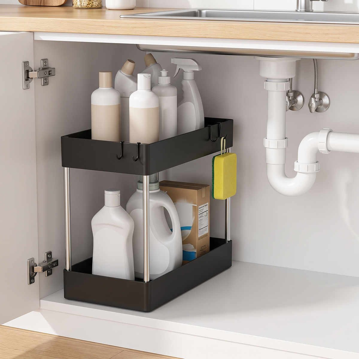Rangement à 2 niveaux installé dans un placard sous évier, à côté du siphon