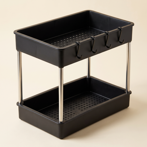 Rangement à 2 niveaux noir, plateaux perforés et montants en acier inoxydable