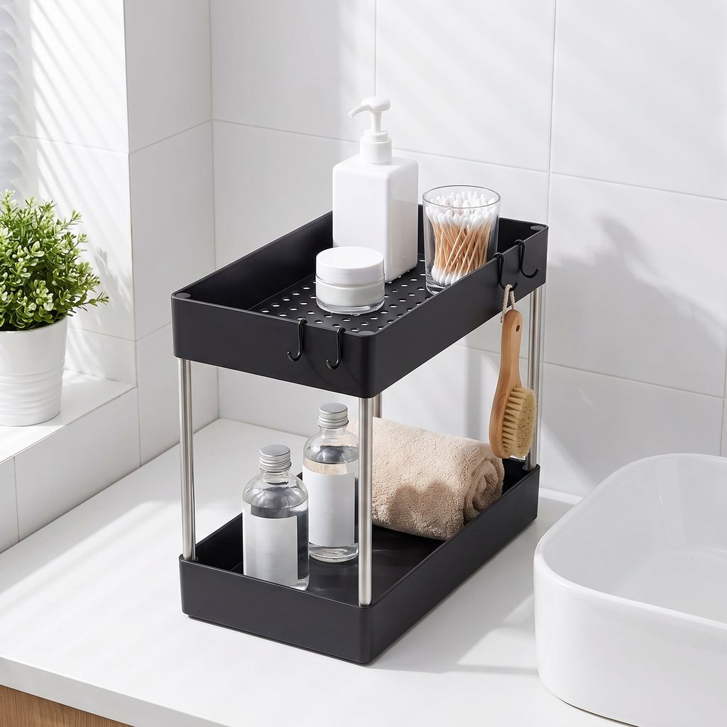 Rangement à 2 niveaux posé dans une salle de bain, flacons de soin et serviette