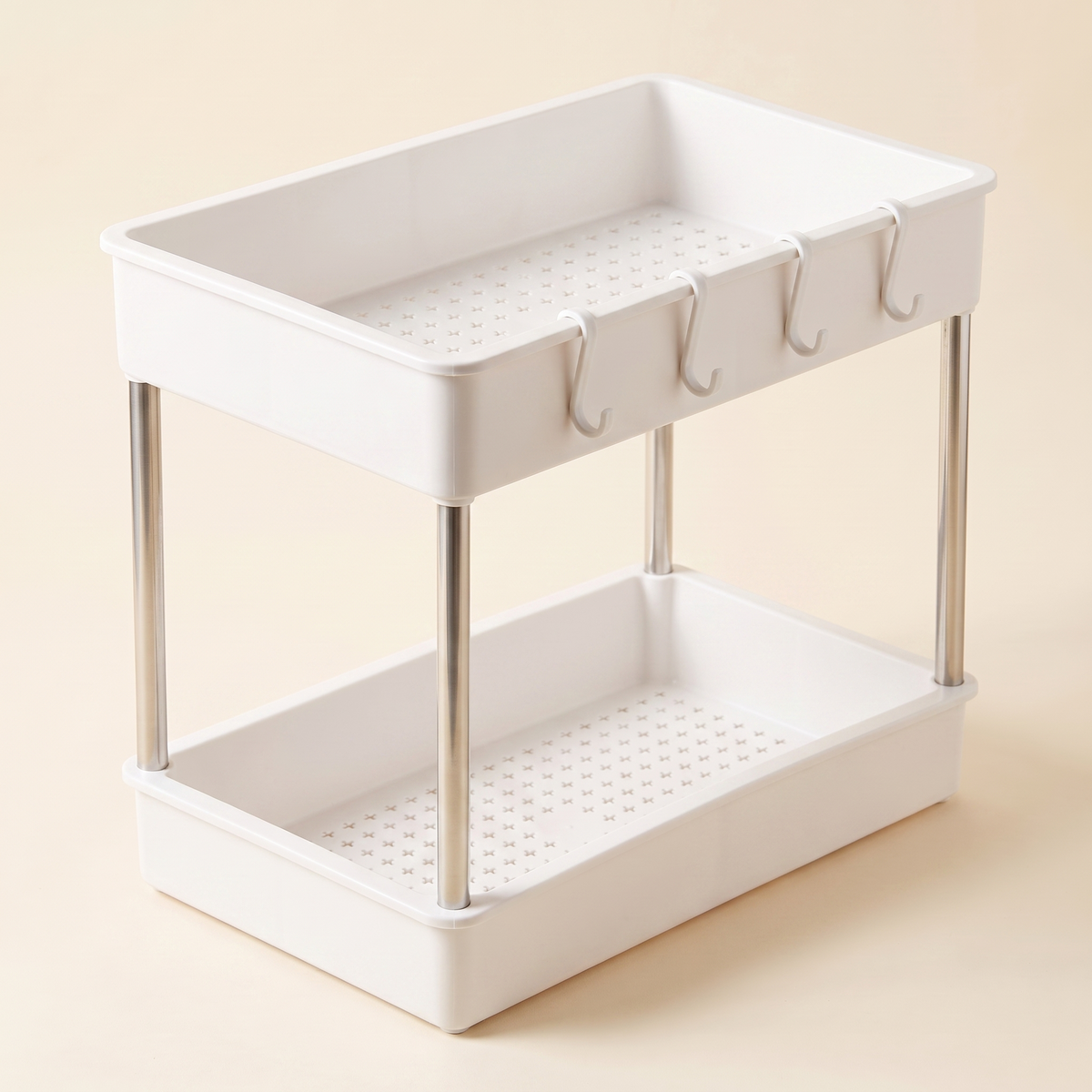 Rangement à 2 niveaux blanc, plateaux perforés et montants en acier inoxydable