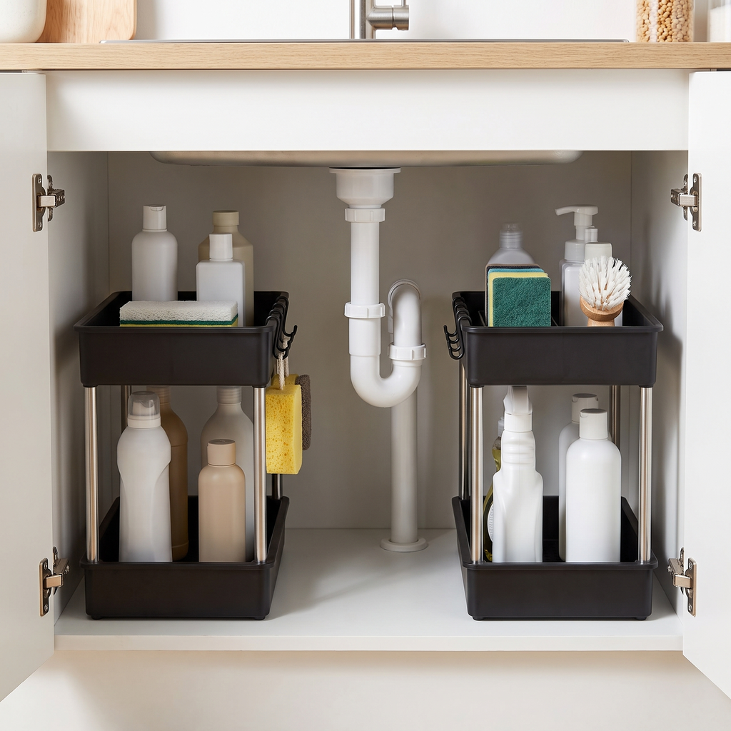 Deux rangements à 2 niveaux placés de part et d'autre du siphon sous un évier