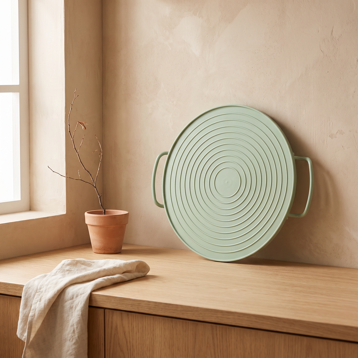 Support pliable 2 étages pour micro-ondes vert posé sur un meuble en bois