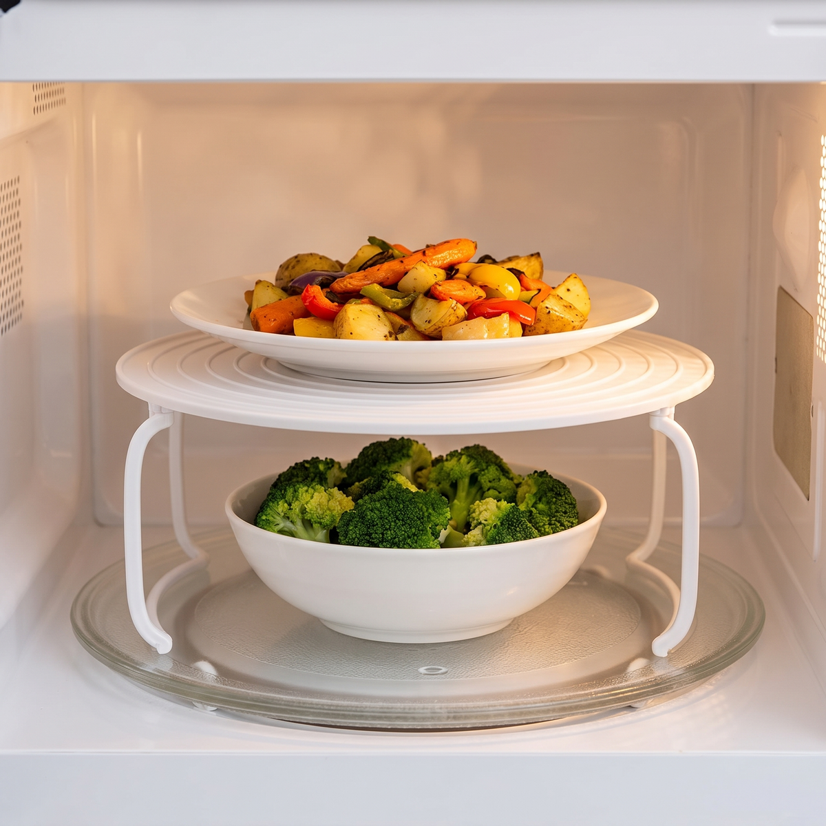 Support pliable 2 étages blanc dans un micro-ondes avec une assiette et un bol