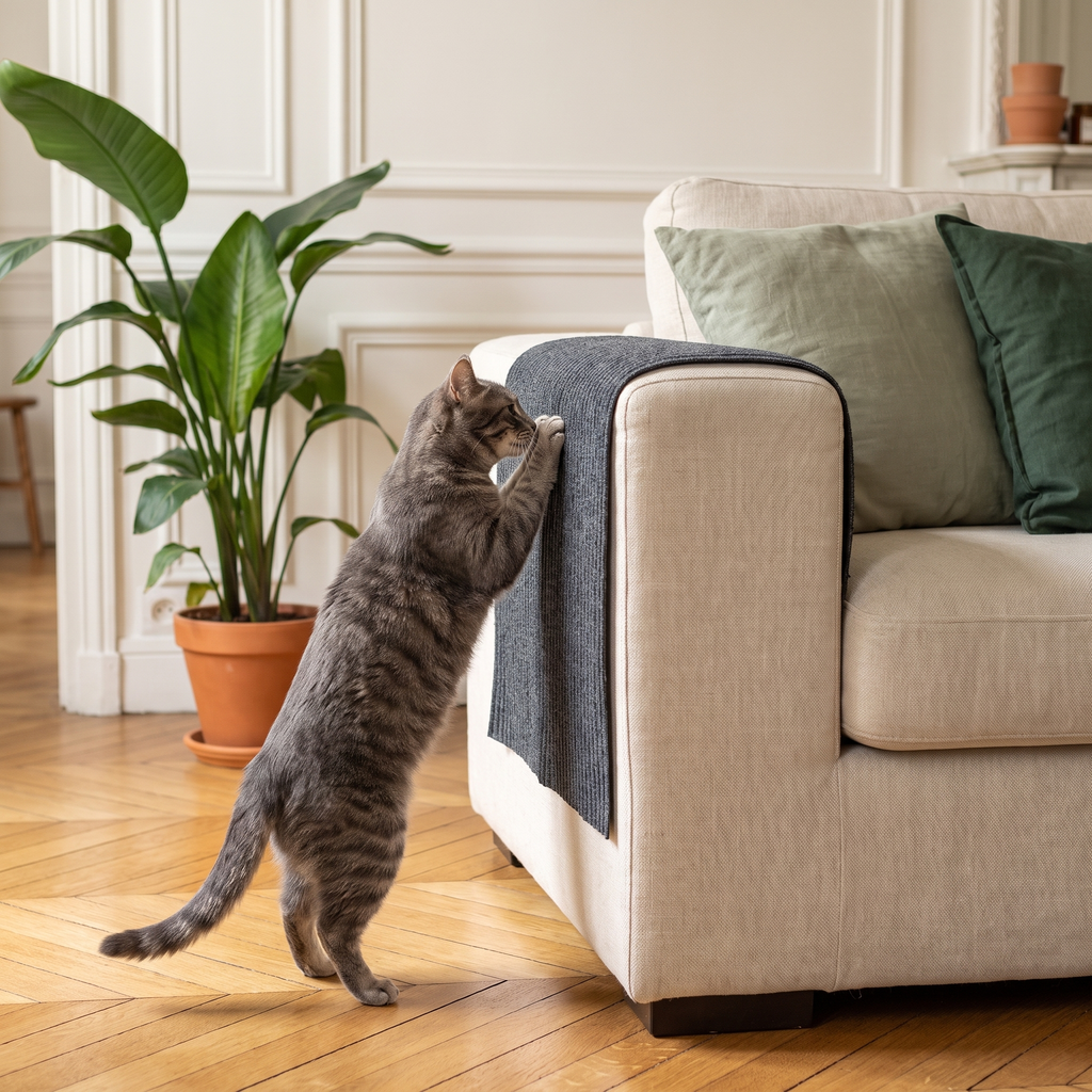 Chat griffant la protection anti-griffures sur l'accoudoir d'un canapé