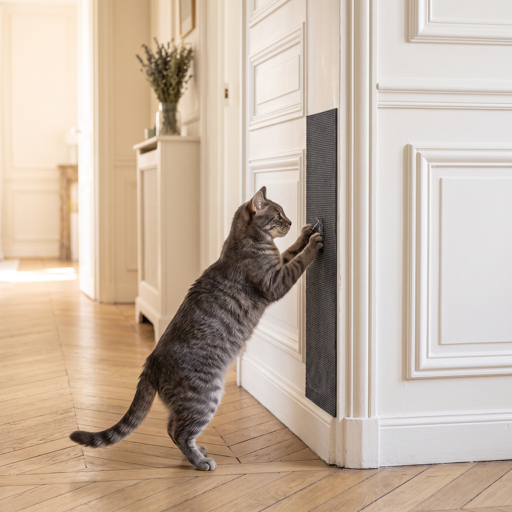 Chat griffant la protection anti-griffures fixée sur un montant de porte