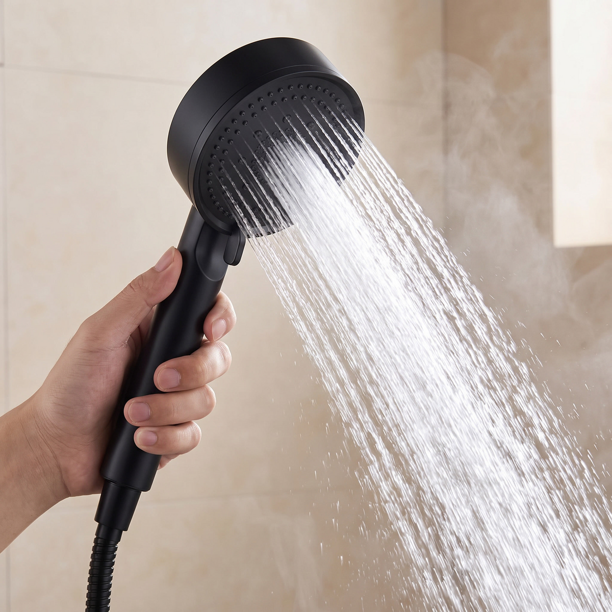 Jet haute pression du pommeau de douche noir tenu à la main