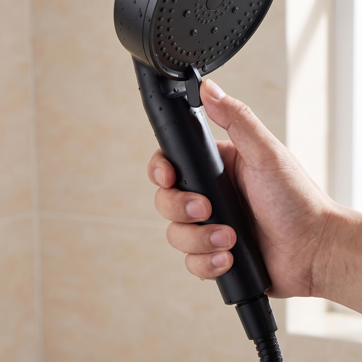 Pouce actionnant la languette de sélection des modes du pommeau de douche