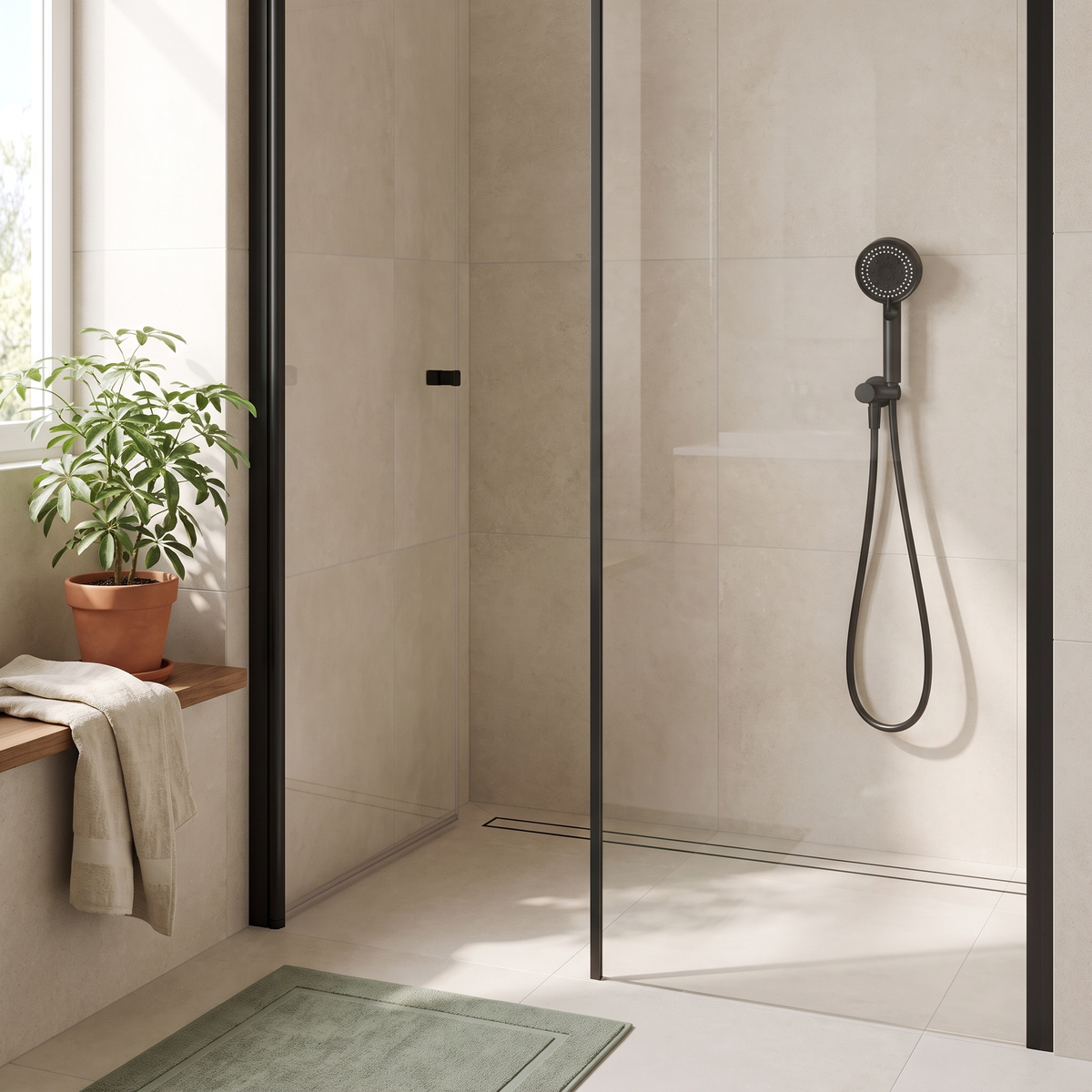 Salle de bain sobre équipée du pommeau de douche noir mat
