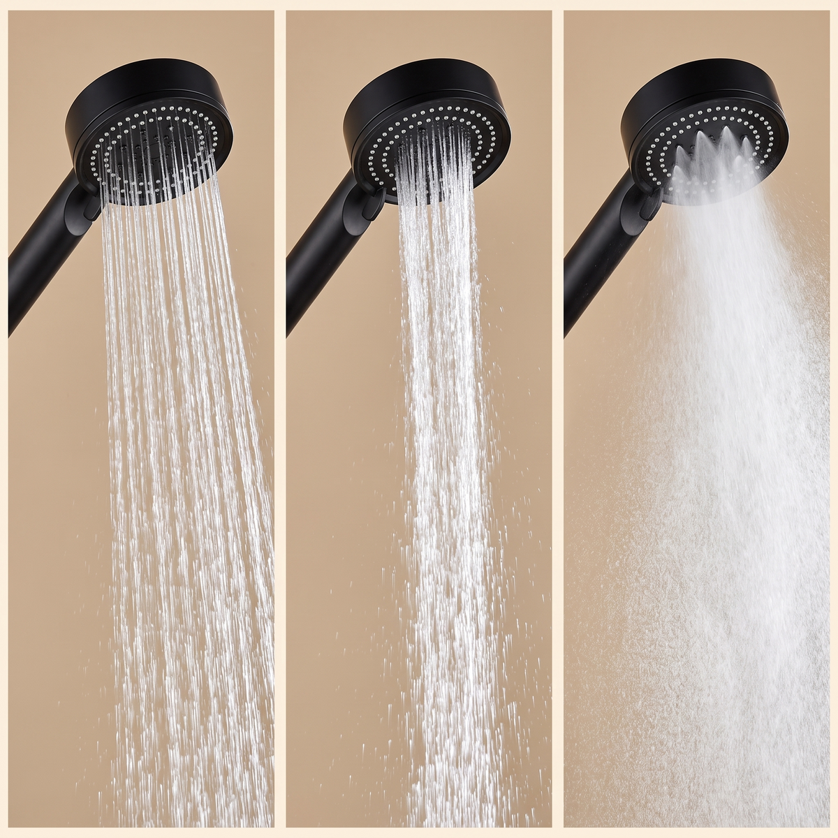 Trois modes de jet du pommeau de douche : pluie large, cascade concentrée et brume